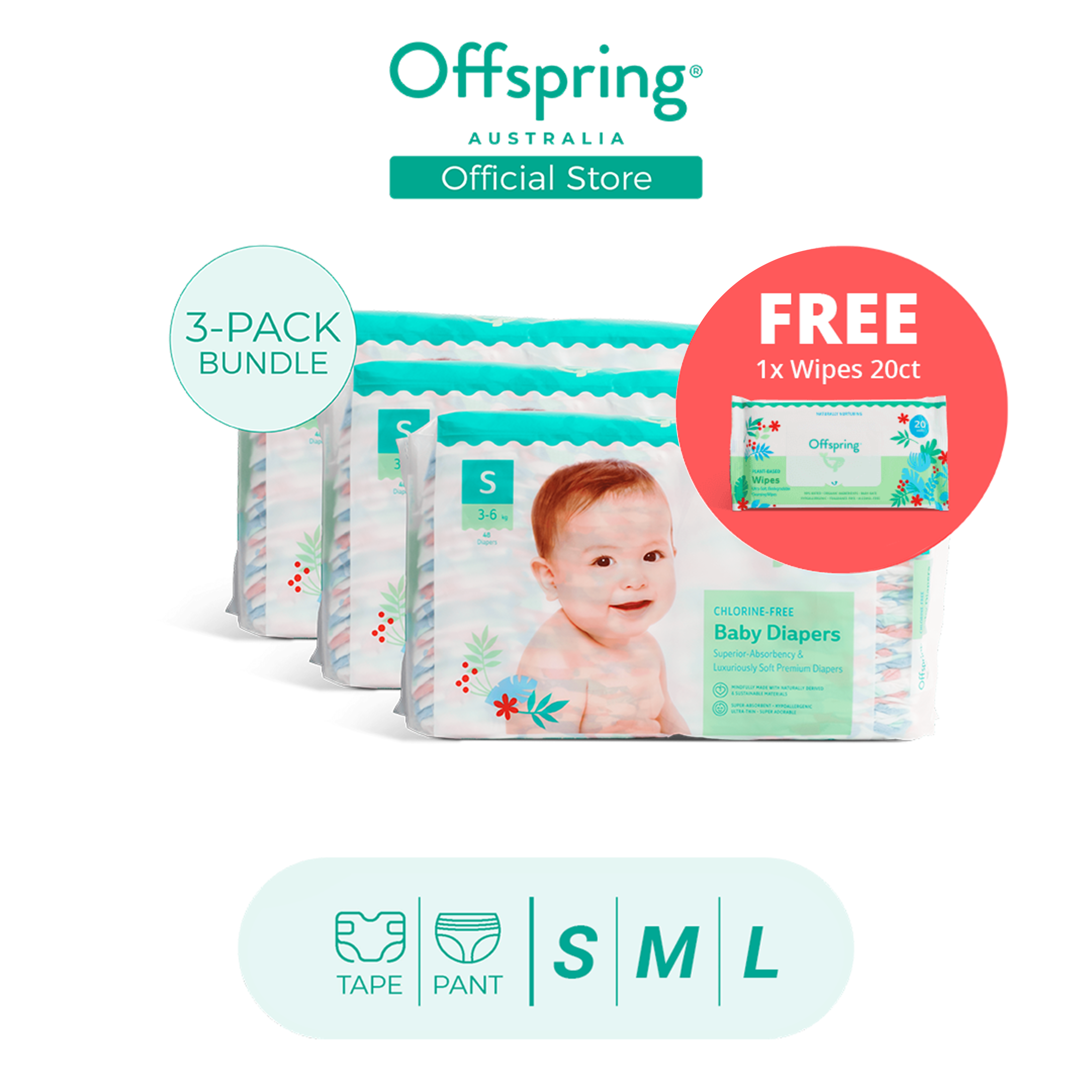 Offspring Triple Pack Popok Bayi Diaper SAP Bebas Klorin